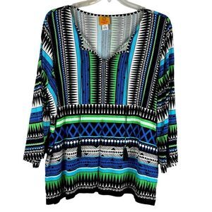 Ruby Rd. Geometric Design V-neck 3/4 Sleeve Blouse 1X